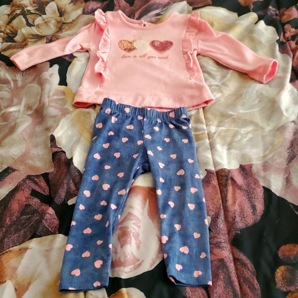 Pink Long sleeve warm top with blue and pink heart long sleeve pants